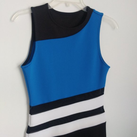 Bodycon Midi Dress Color Block Blue Black White Athleisure Sporty Casual Fun XXS - Picture 1 of 7